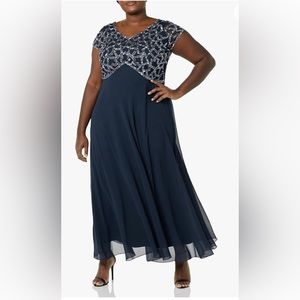 J Kara Black/Multi Short Sleeve Geo Long Beaded Gown